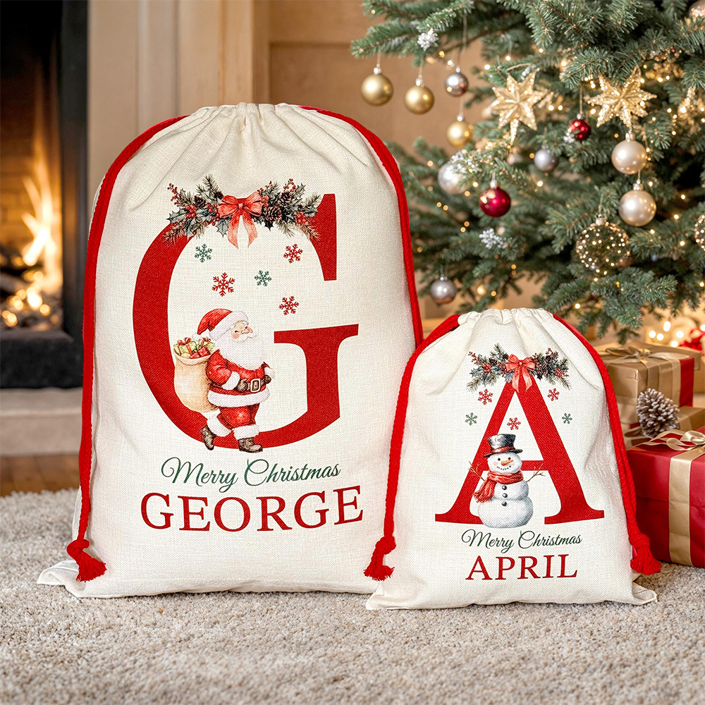 Personalized Monogram Christmas Santa Sack, Custom Canvas Gift Bag, Large Holiday Present Sack for Kids, Reusable Santa Gift Bag