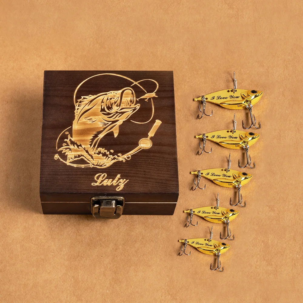 Personalized 2 Pcs Metal Bionic Fishing Lures Wooden Box Set with Engraved Text Birthday Fisherman Gift for Dad Husband