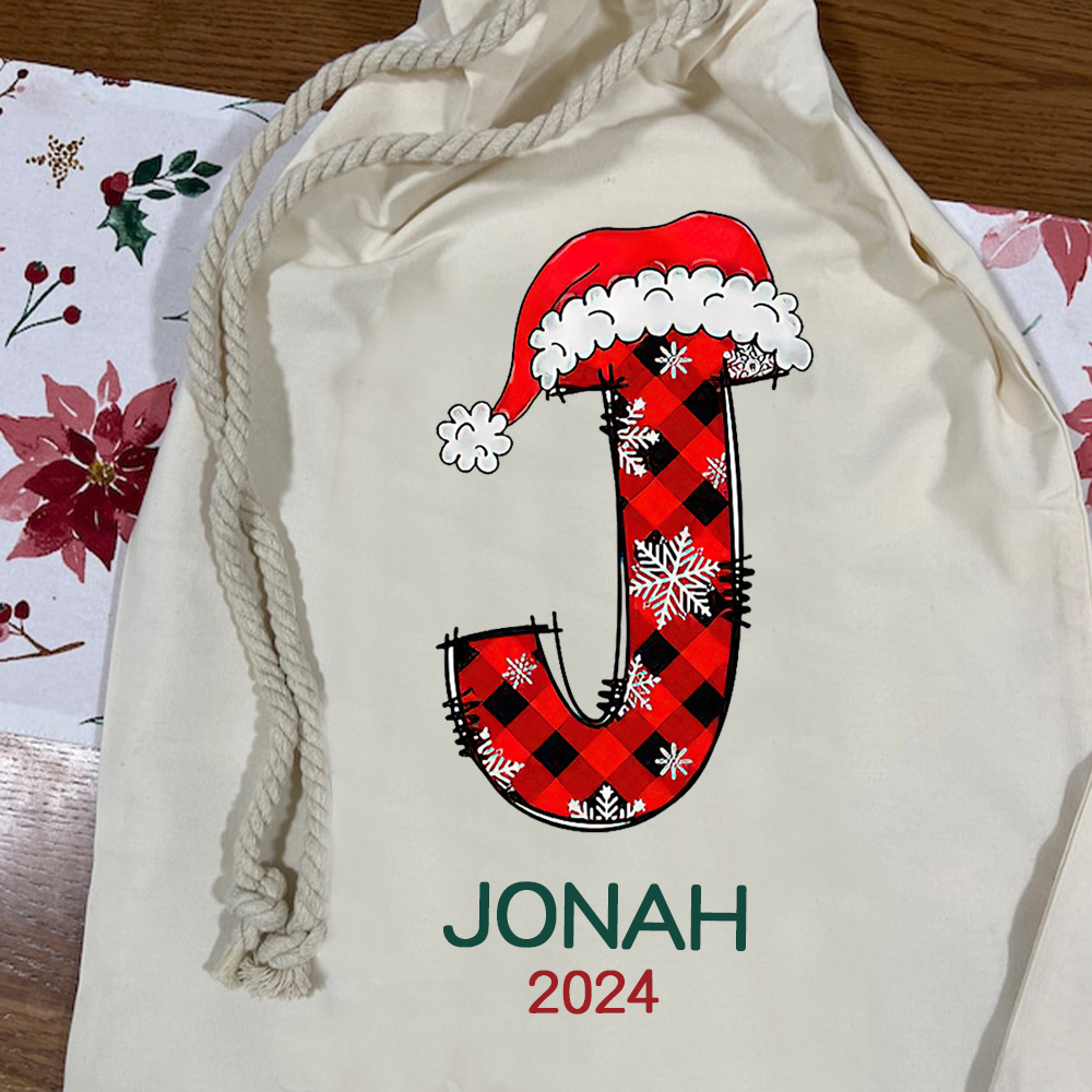Personalized Christmas Santa Sack, Custom Name & Initial Gift Bag, Reusable Cotton Present Sack for Kids & Adults