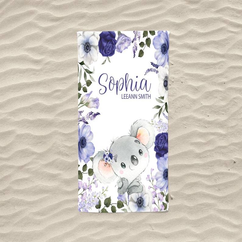 Koala Beach Towel, Custom Kid Towel, Floral Beach Towel,