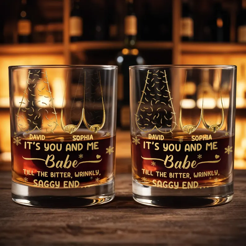 Personalized Couple Whiskey Glass Set, Custom Husband Wife Bourbon Glass, Funny Anniversary Gift, Till The Bitter Wrinkly Saggy End