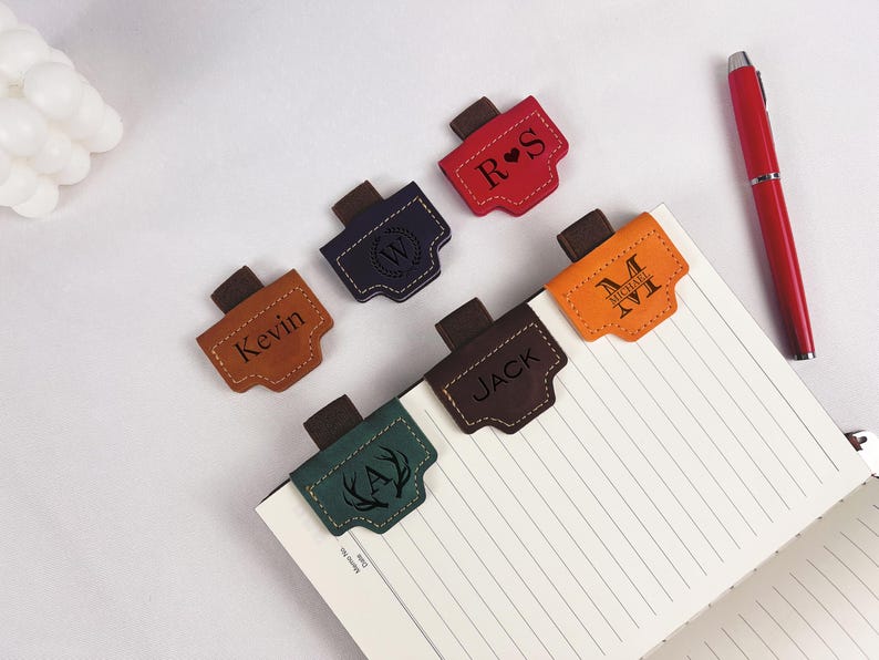 Personalized Engraved Leather Magnetic Bookmark with Pen Holder, Custom Teachers Gifts