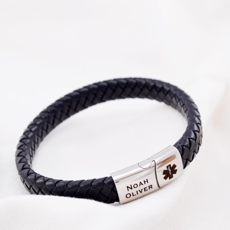 Personalised Mens Medical ID Bracelet, Engraved Leather Medical Alert, Emergency ID for Diabetes Allergy Epilepsy, Gift for Him