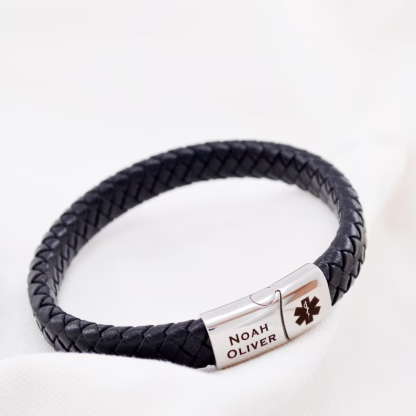 Personalised Mens Medical ID Bracelet, Engraved Leather Medical Alert, Emergency ID for Diabetes Allergy Epilepsy, Gift for Him