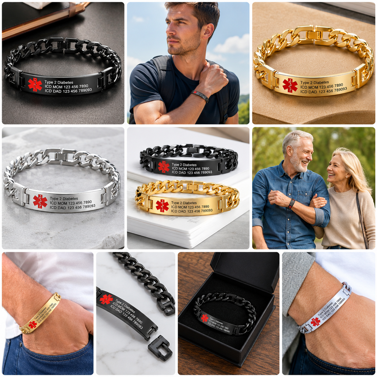Custom Emergency ID Bracelet with Medical Alert Symbol, Personalized Titanium Steel Wristband Gift for Dad & Husband