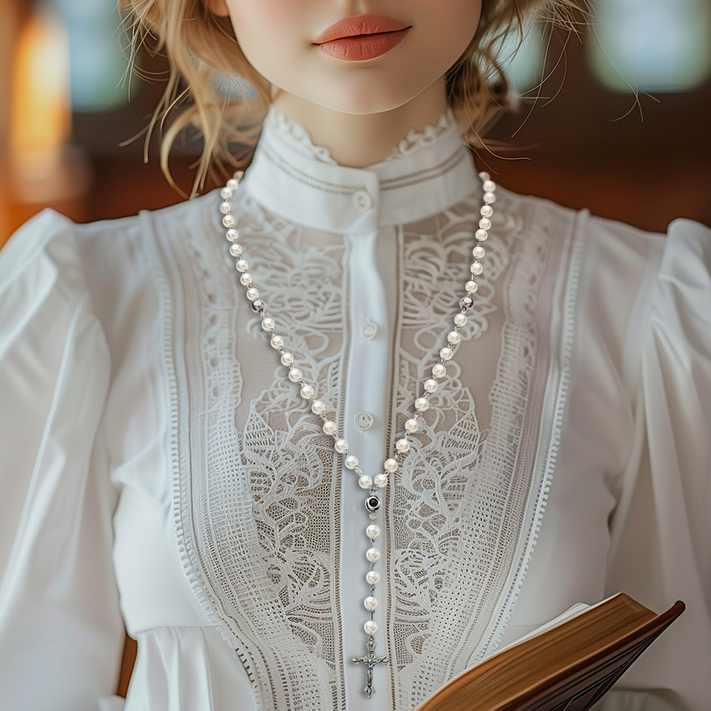 Personalized Photo Projection Multi-Color Rosary Beads Cross Necklace with Photo Memorial Gift for Women