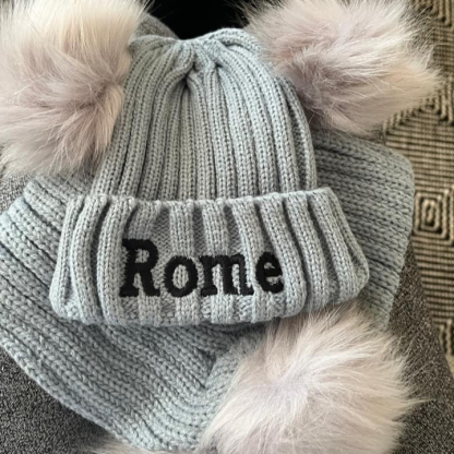Personalized Embroidery Kid Pom Pom Hat and Scarf