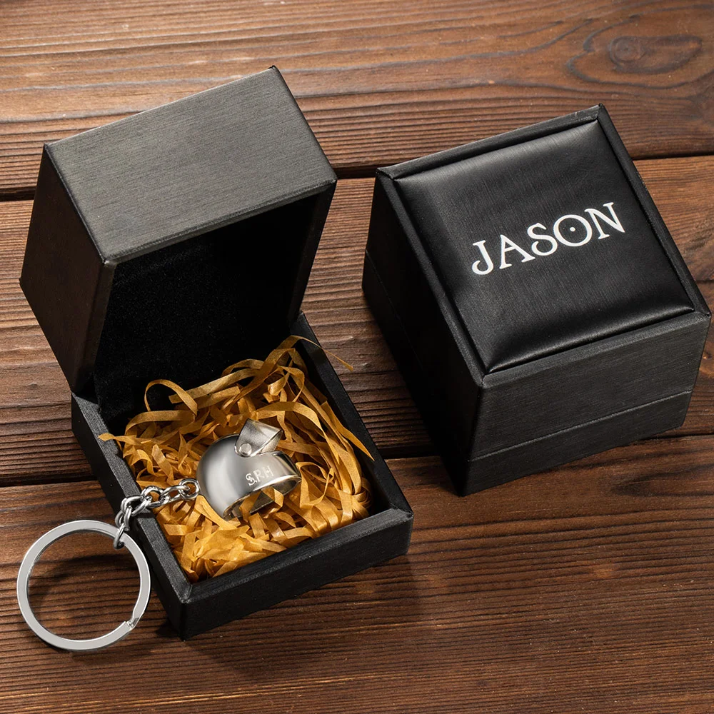 Personalized Monogram Motorcycle Helmet Keychain with Box and Double-sided Engraved Name Birthday Father's Day Valentine's Day Gift for Men