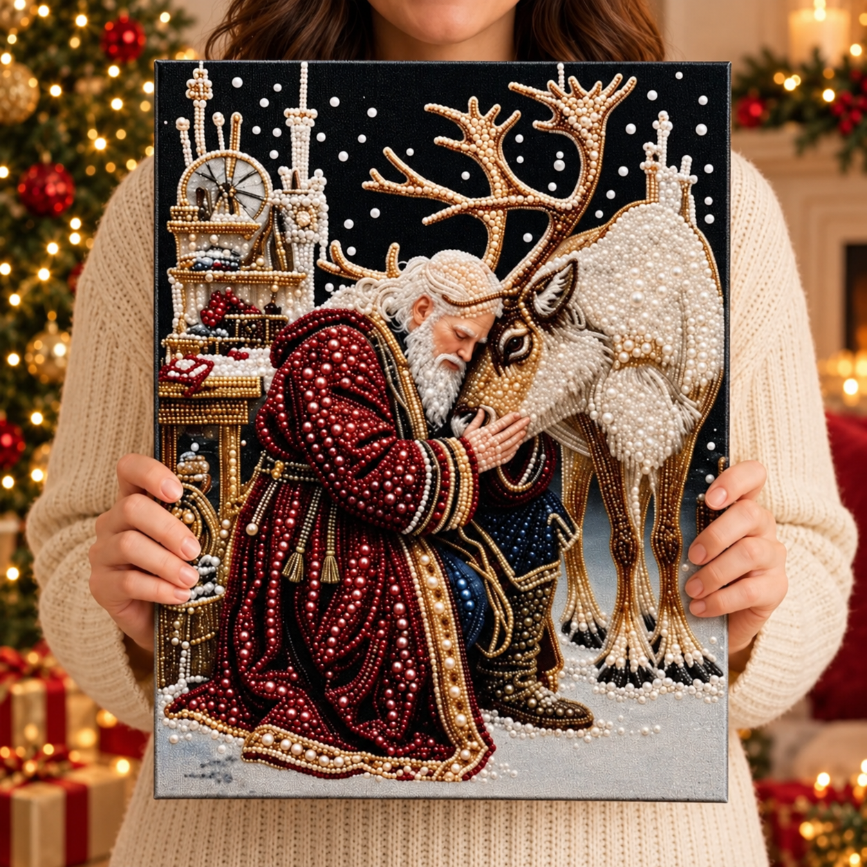 Christmas Pearl Diamond Painting Kit for Adults, 3D Pearl Bead Art DIY Craft with Santa, Reindeer, Angel & Christmas Tree Designs, Handmade Holiday Decor Gift