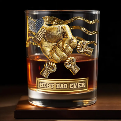 Personalized Best Dad Ever Whiskey Glass 2D Flat, Custom Dad and Kids Fist Bump Bourbon Tumbler, Father's Day Gift from Children