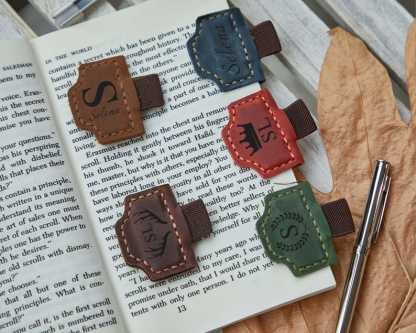 Custom Logo Leather Book Mark with Pen Holder, Engraved Magnetic Bookmark,Leather Magnetic Pen Loop for Notebook,Journal Accessory