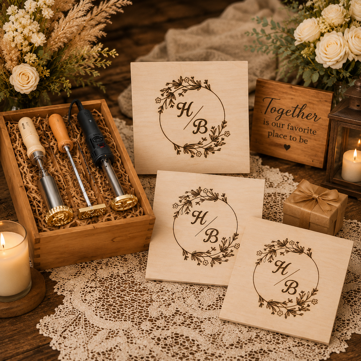 Personalized Wedding Branding Iron with Wreath Design, Custom Wood Burning Tool for Country Wedding Gifts