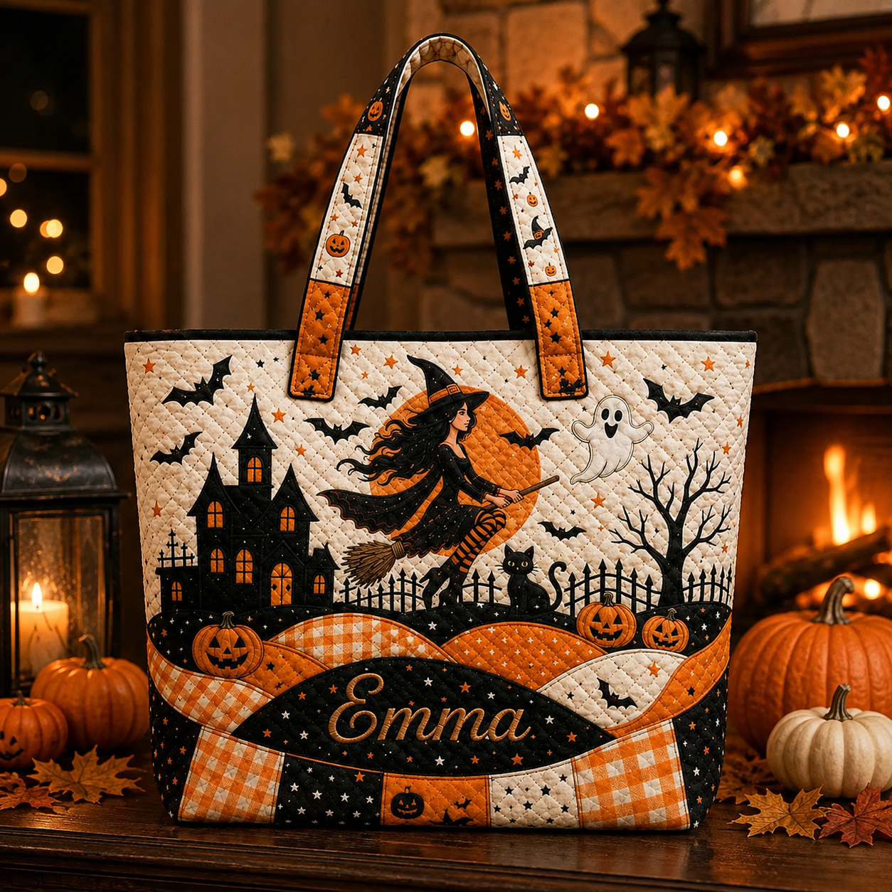 Personalized Halloween Quilted Handbag, Custom Name Witch Tote Bag, Haunted House Pumpkin Bag, Spooky Fall Shoulder Bag, Halloween Gift