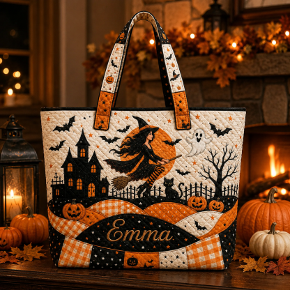 Personalized Halloween Quilted Handbag, Custom Name Witch Tote Bag, Haunted House Pumpkin Bag, Spooky Fall Shoulder Bag, Halloween Gift
