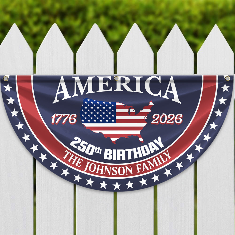 Personalized America 250th Anniversary Bunting Flag Custom Family Name America 250 Birthday 1776-2026 Non-Pleated Fan Flag