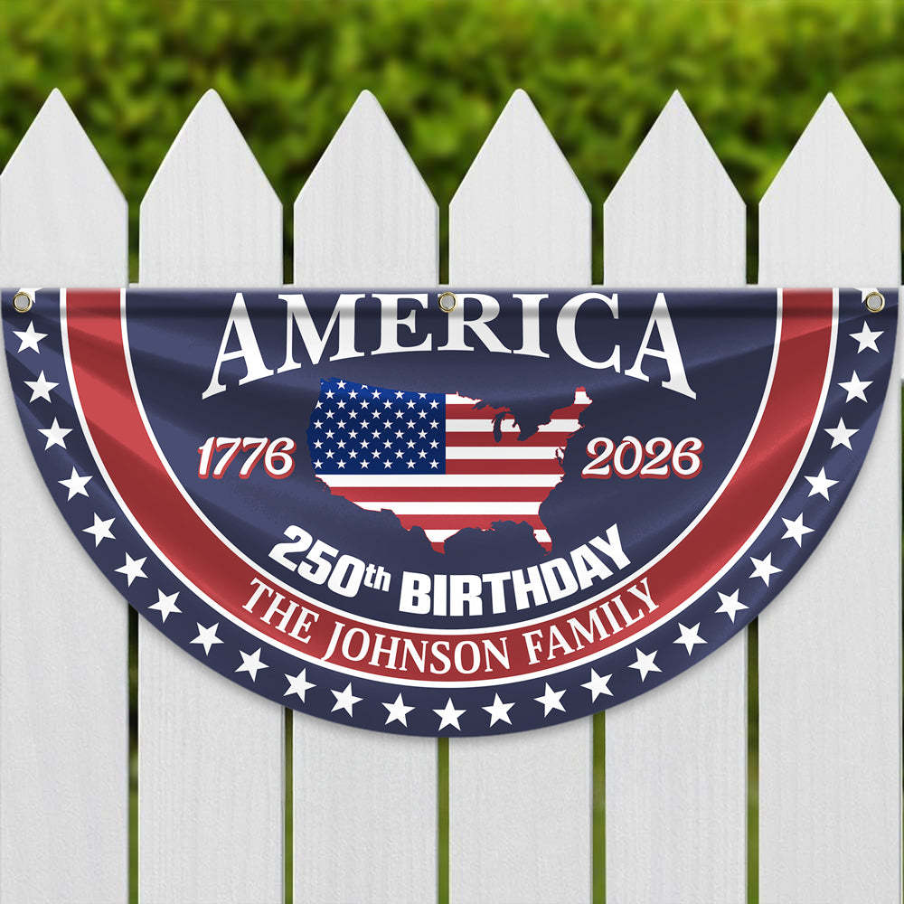 Personalized America 250th Anniversary Bunting Flag Custom Family Name America 250 Birthday 1776-2026 Non-Pleated Fan Flag