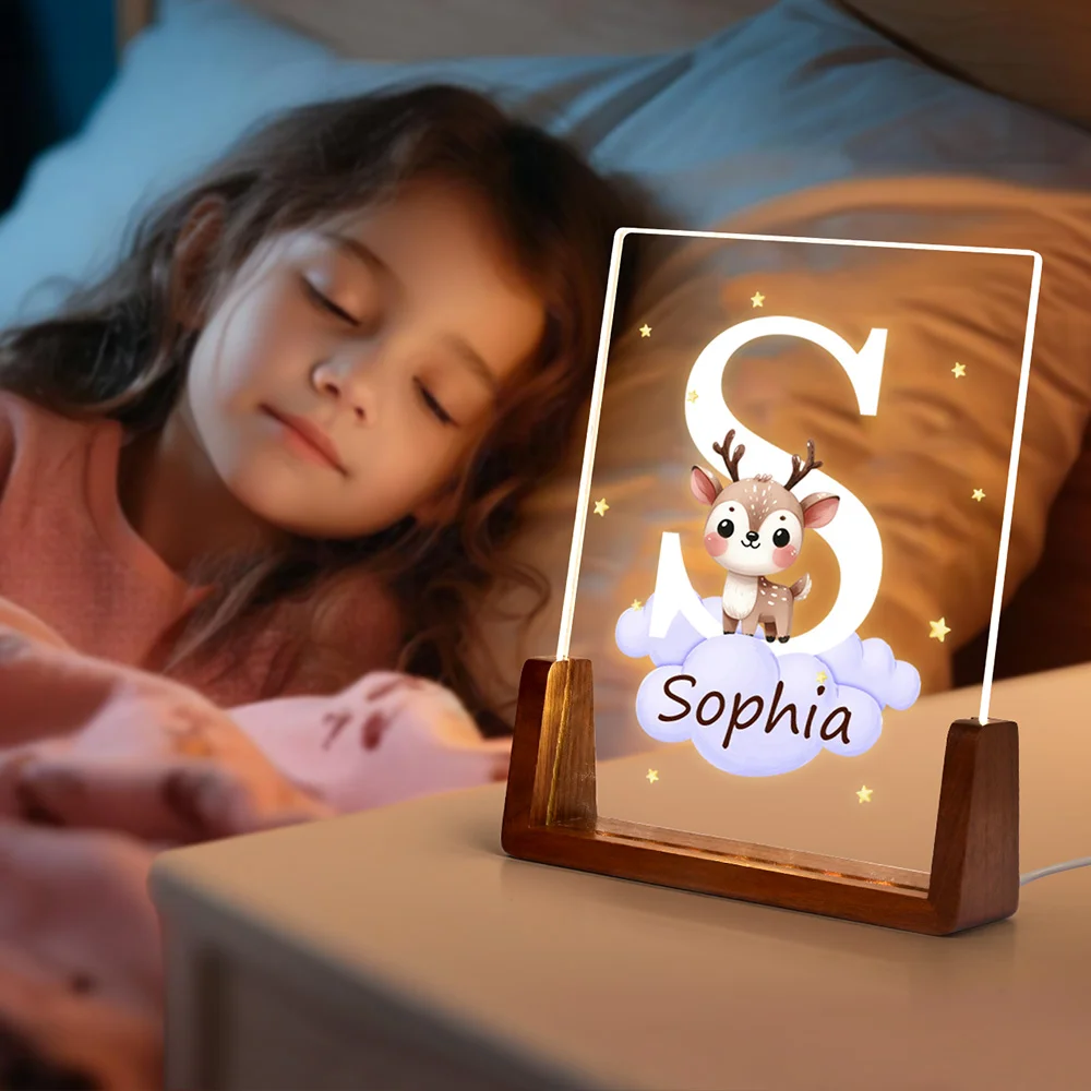 Personalized Baby Room Night Light Cute Forest Animal Acrylic Cloud Star LED Night Light Initial Birthday Children's Day Gift for Boys Girls Christmas Gift