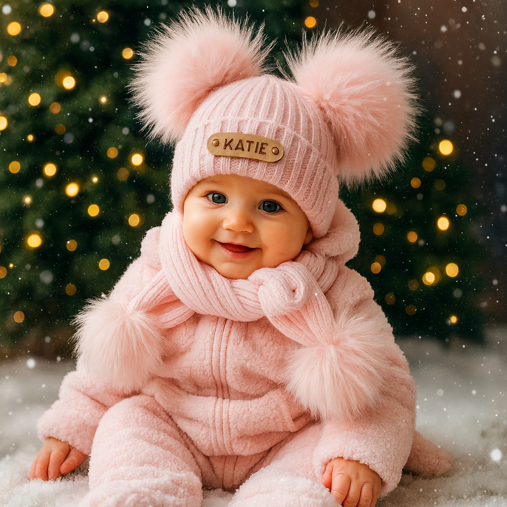 Baby First Christmas Gift Personalized Name Pom Pom Hat Personalized Baby Beanie,Newborn Baby Beanie Hat Toddler Hat Kids Engraved Name Winter Hat