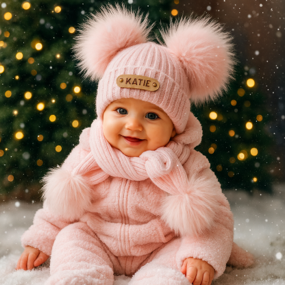 Baby First Christmas Gift Personalized Name Pom Pom Hat Personalized Baby Beanie,Newborn Baby Beanie Hat Toddler Hat Kids Engraved Name Winter Hat