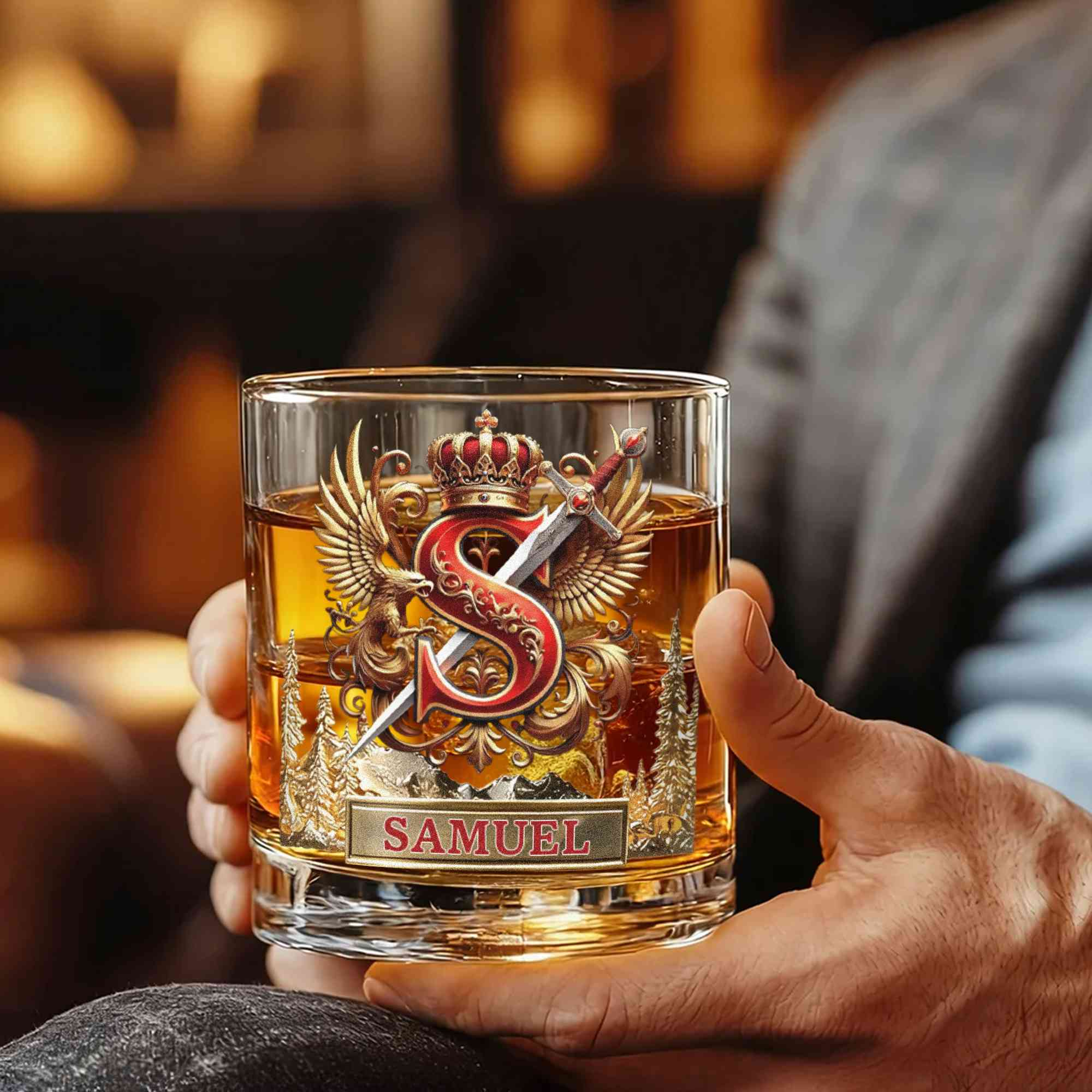 Custom Name Eagle & Sword Crown Alphabet Wine Glass, 10oz Bourbon Whiskey Old Fashioned Glass, Birthday/Father's Day/Wedding Gift for Him/Dad/Best Men