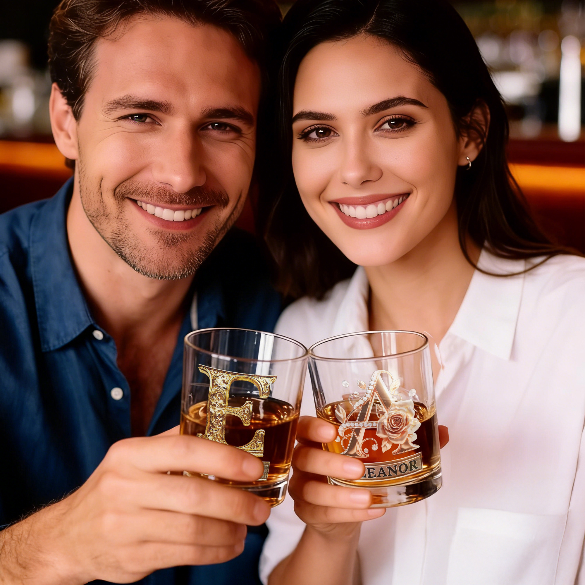 Custom Name Rose Pearl/Embossing Alphabet Wine Glass, 10oz Bourbon Whiskey Old Fashioned Glass, Anniversary/Valentine's Day Gift for Him/Her/Couple
