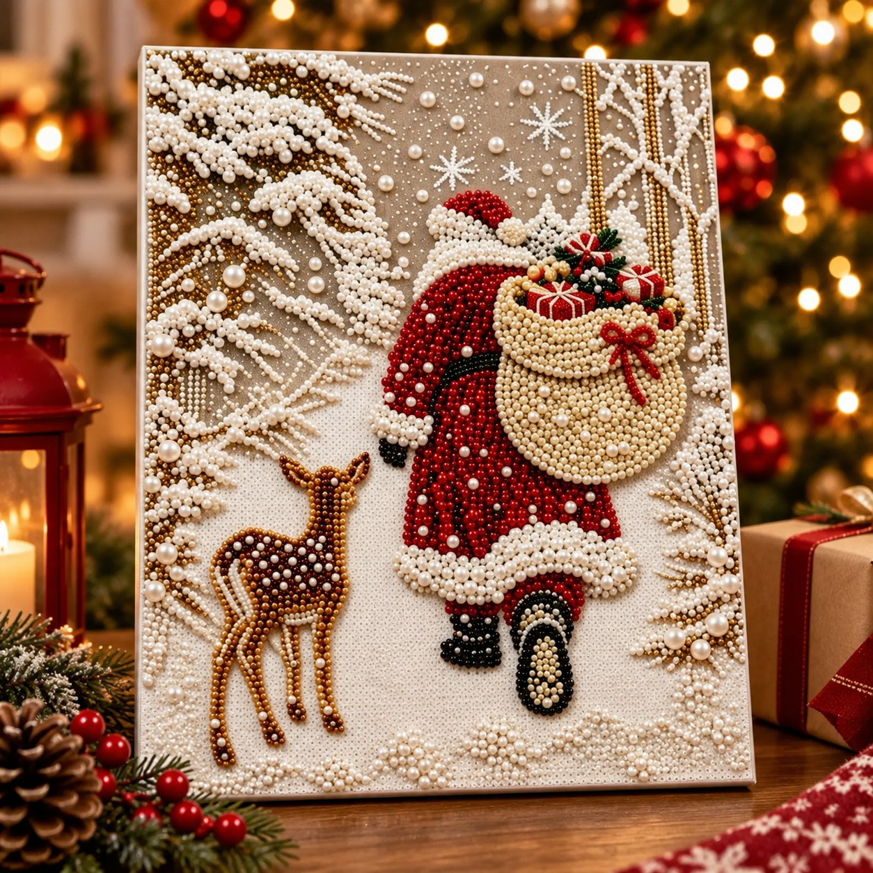 Christmas Pearl Diamond Painting Kit for Adults, 3D Pearl Bead Art DIY Craft with Santa, Reindeer, Angel & Christmas Tree Designs, Handmade Holiday Decor Gift