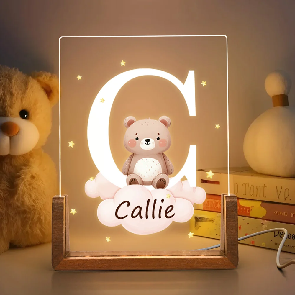Personalized Baby Room Night Light Cute Forest Animal Acrylic Cloud Star LED Night Light Initial Birthday Children's Day Gift for Boys Girls Christmas Gift