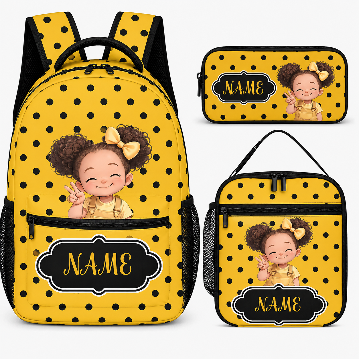 Personalized Cute Cartoon Black Girl Backpack Lunch Bag Pencil Case Set with Name Back-To-School Birthday Gift for Girls