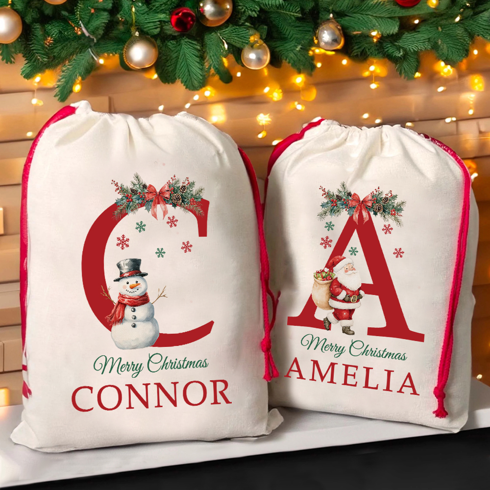 Personalized Monogram Christmas Santa Sack, Custom Canvas Gift Bag, Large Holiday Present Sack for Kids, Reusable Santa Gift Bag
