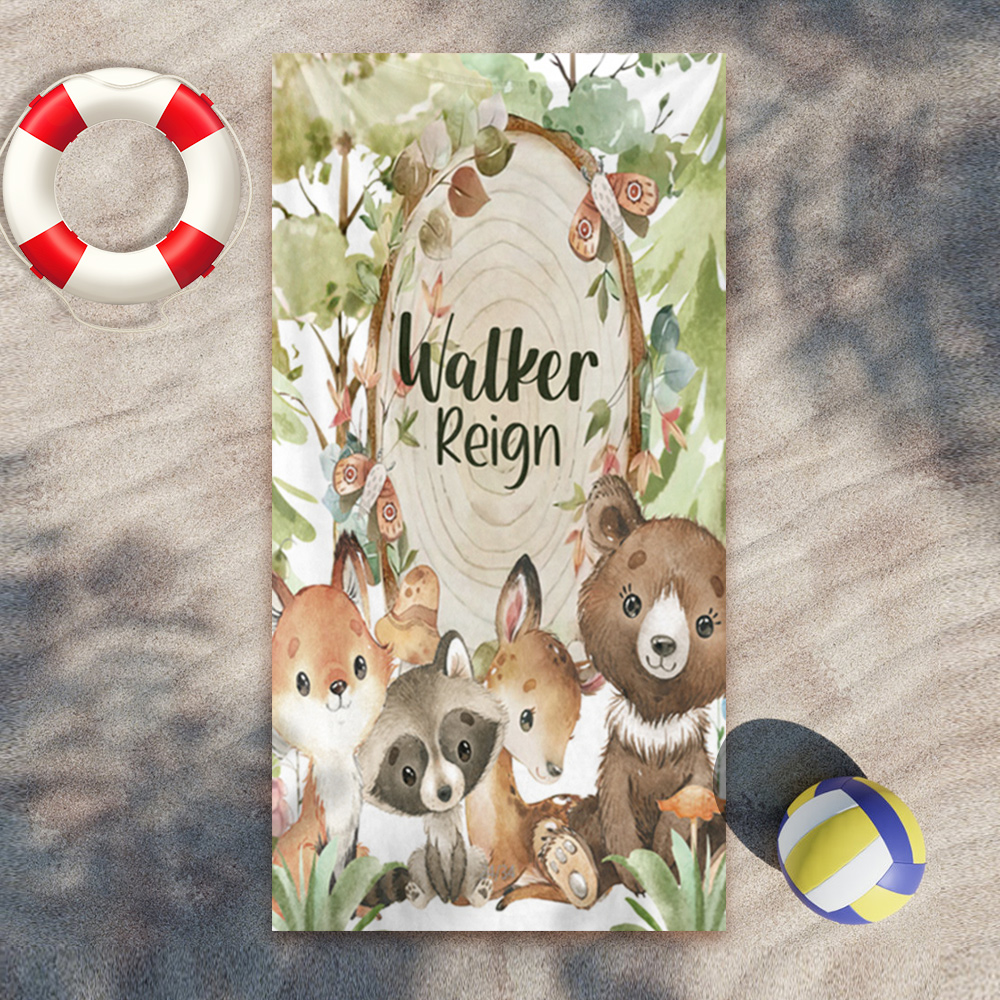 Woodland Animals Towel, Customized Beach Towel, Fox, Raccoon, Deer, Bear