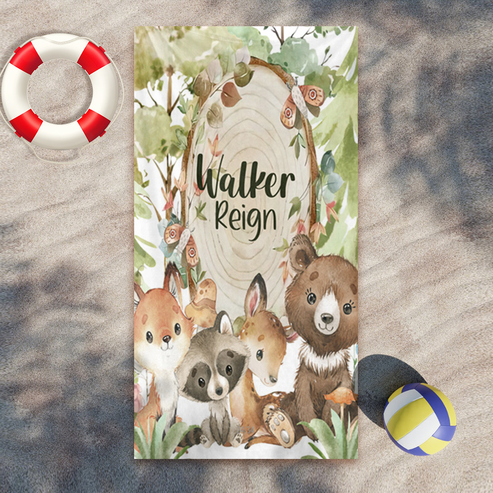 Woodland Animals Towel, Customized Beach Towel, Fox, Raccoon, Deer, Bear
