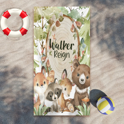 Woodland Animals Towel, Customized Beach Towel, Fox, Raccoon, Deer, Bear
