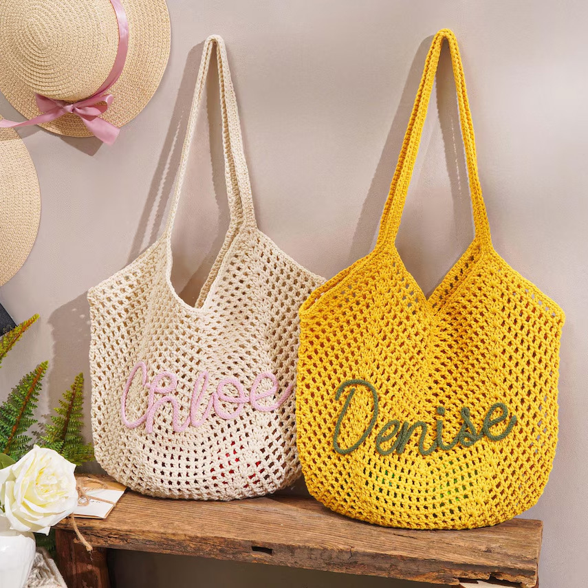 Custom Beach Bags, Personalized Crocheted Bride Tote Beach bags, Beach Vacation Wedding Favours, Mothers Day Gifts, Bridesmaid Gifts