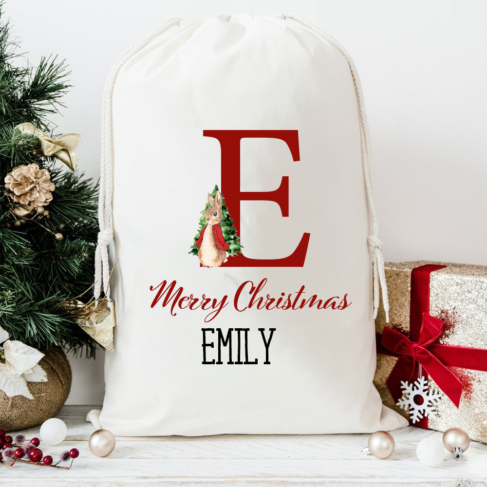 Personalized Christmas Santa Sack with Name & Initial, Custom Cotton Gift Bag with Santa Claus, Holiday Gift Sack