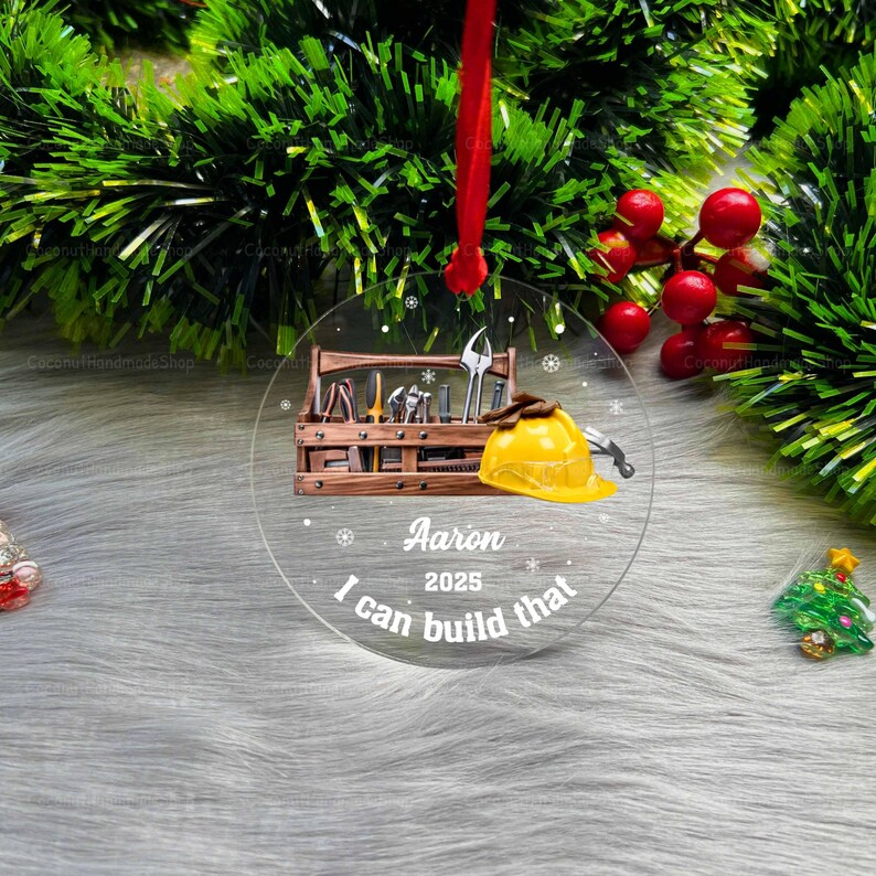 Carpenter Acrylic Ornament, Personalized Carpenter Gift, Construction Ornament, Handyman Gift, Mr Fix it Ornament, Tool Box Woodworker