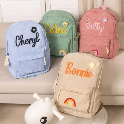 Personalized Backpack Braided Flower Rainbow Name Corduroy Backpack Birthday Gift Custom Toddler School Bag