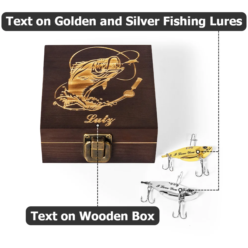 Personalized 2 Pcs Metal Bionic Fishing Lures Wooden Box Set with Engraved Text Birthday Fisherman Gift for Dad Husband