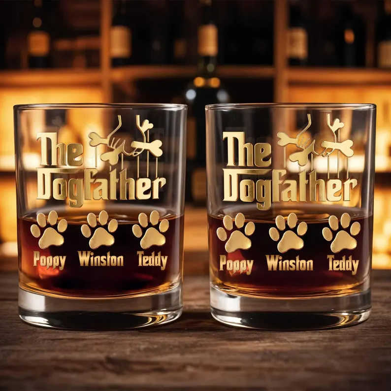 Personalized Dogfather Whiskey Glass, Custom Dog Dad Bourbon Glass, Pet Parent Gift, Dog Lover Whiskey Tumbler with Dog Names