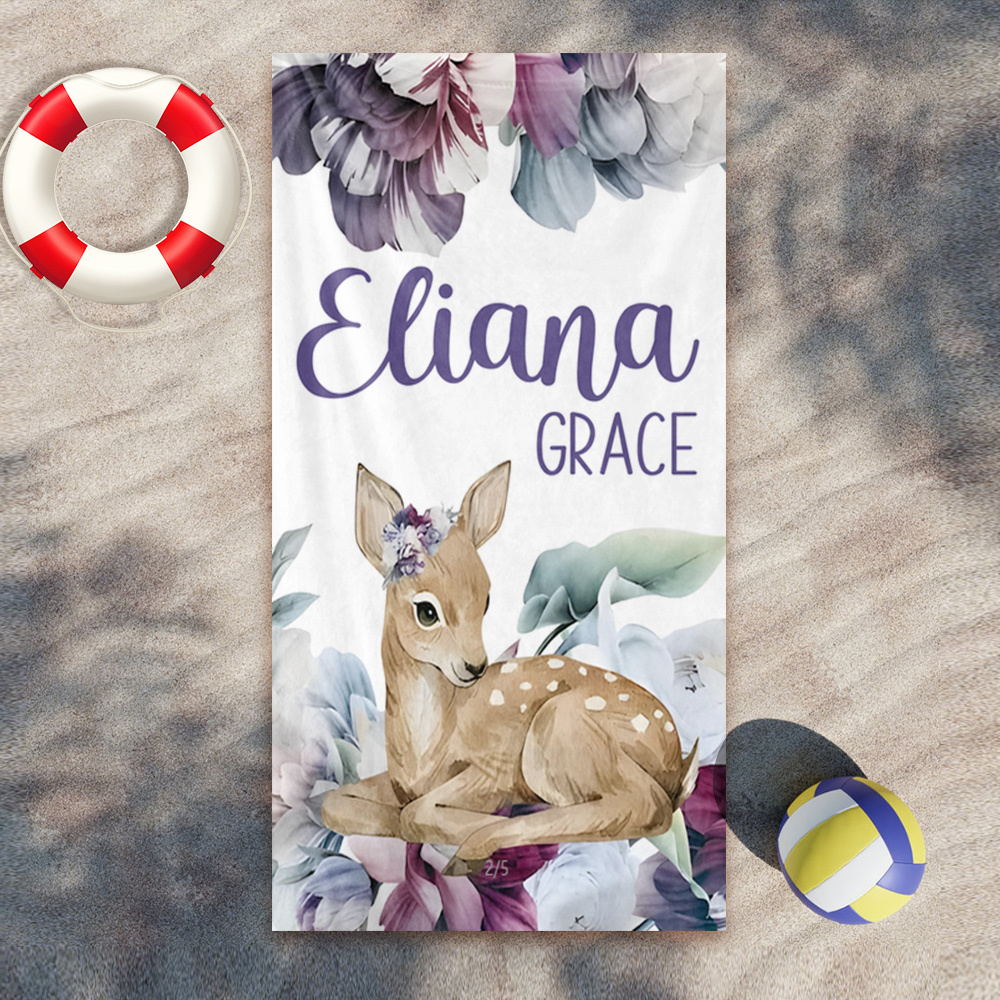 Floral Deer Custom Beach Towel For Kids