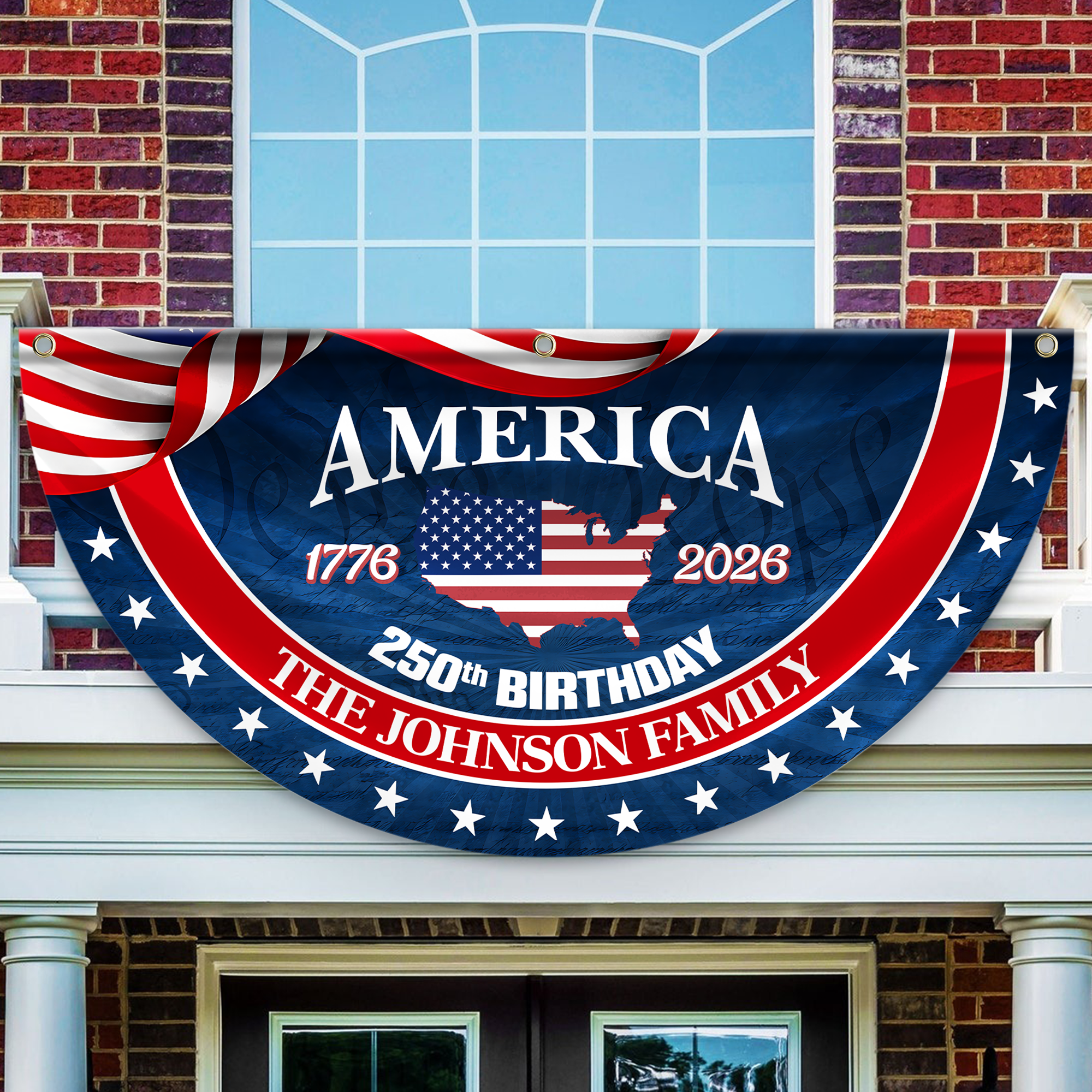 Personalized America 250th Anniversary Bunting Flag Custom Family Name America 250 Birthday 1776-2026 Non-Pleated Fan Flag