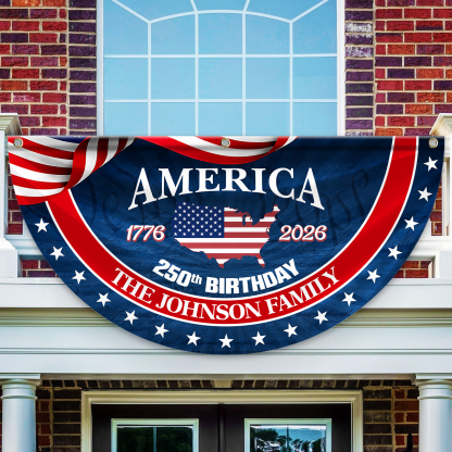 Personalized America 250th Anniversary Bunting Flag Custom Family Name America 250 Birthday 1776-2026 Non-Pleated Fan Flag