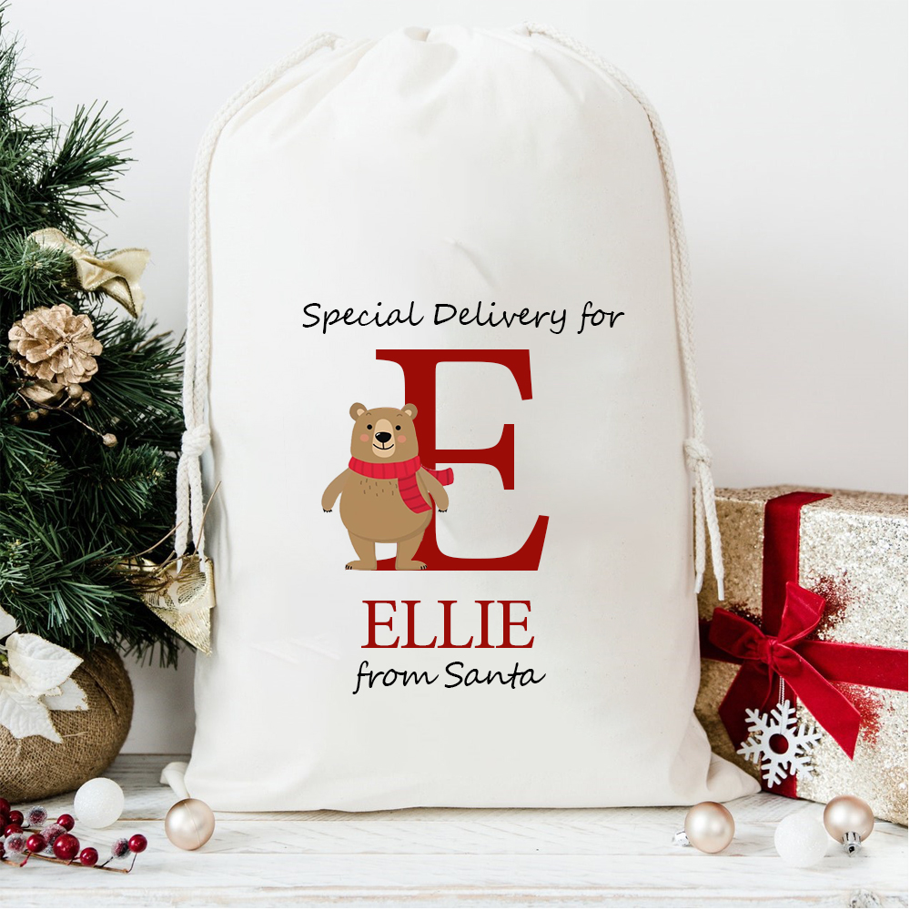 Personalized Christmas Santa Sack with Name & Initial, Custom Cotton Gift Bag with Santa Claus, Holiday Gift Sack