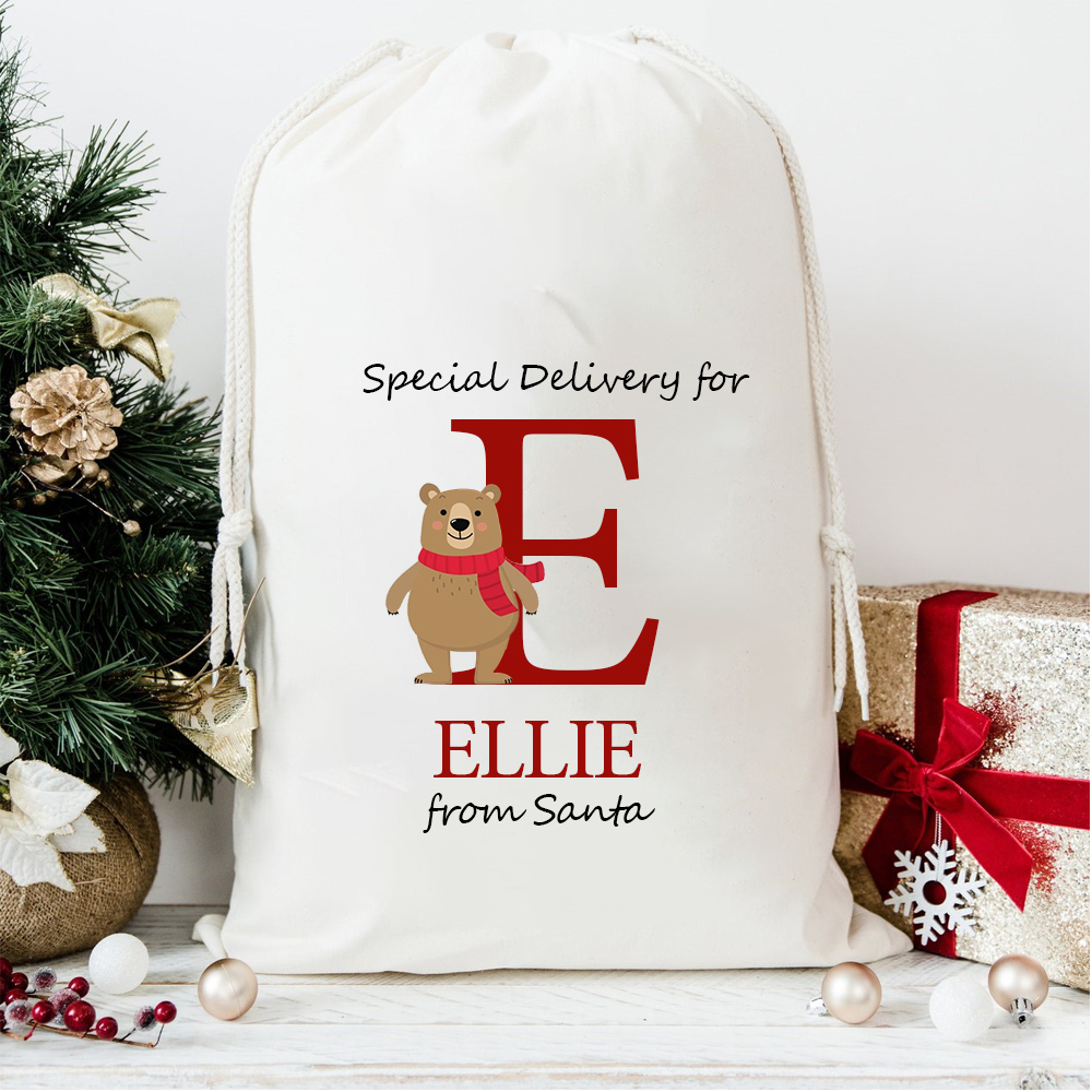 Personalized Christmas Santa Sack with Name & Initial, Custom Cotton Gift Bag with Santa Claus, Holiday Gift Sack
