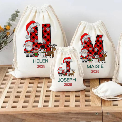 Personalized Christmas Santa Sack with Name & Initial, Custom Gift Bag with Santa Reindeer Snowman, Holiday Present Bag for Kids & Family