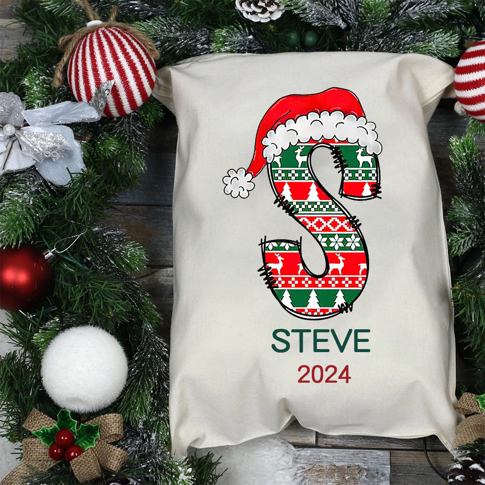Personalized Christmas Santa Sack, Custom Initial & Name Gift Bag, Holiday Cotton Present Sack for Kids & Adults