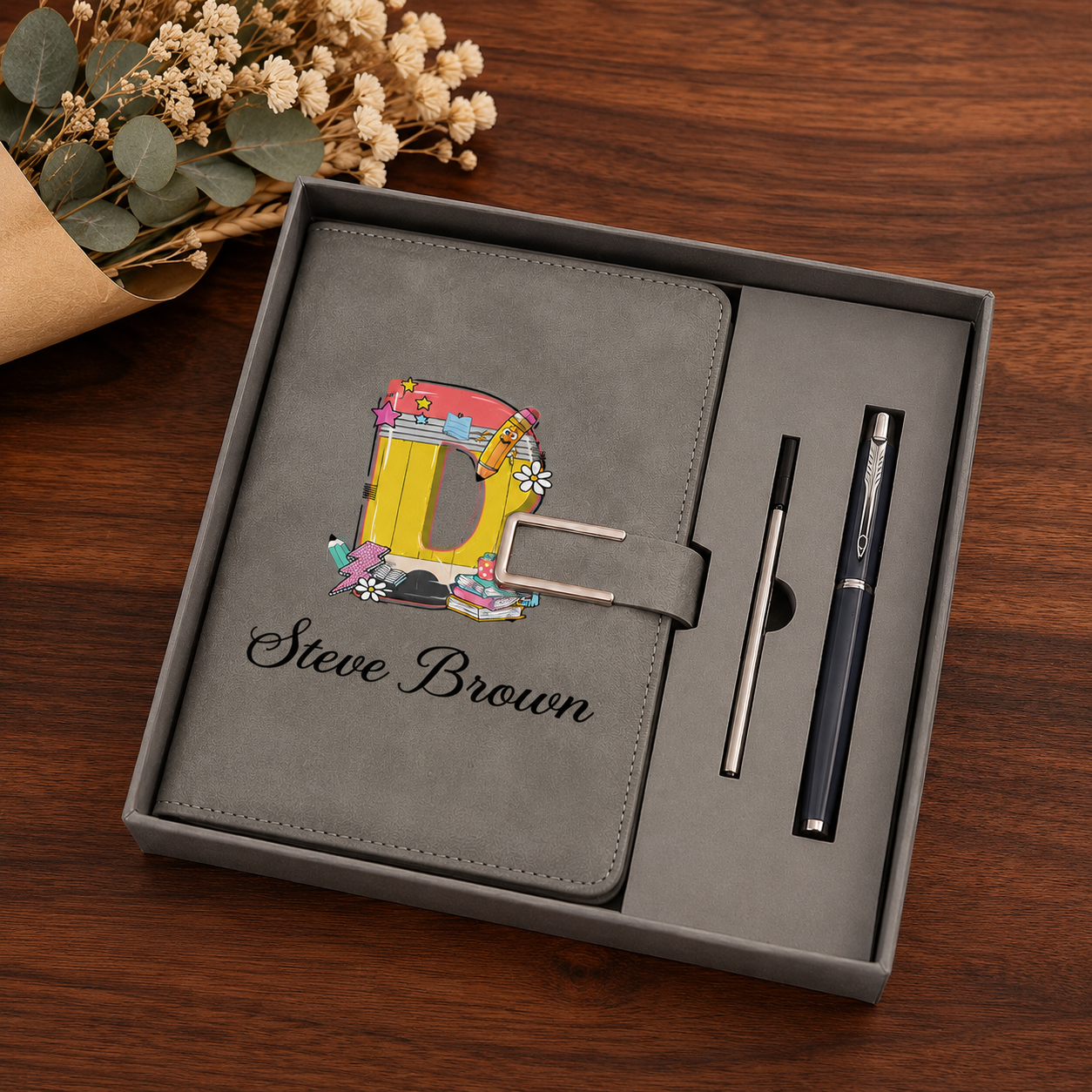 Personalized Yellow Pencil Initial PU Leather A5 Notebook and Pen Set with Name Back to School Teacher's Day Gift for Teacher