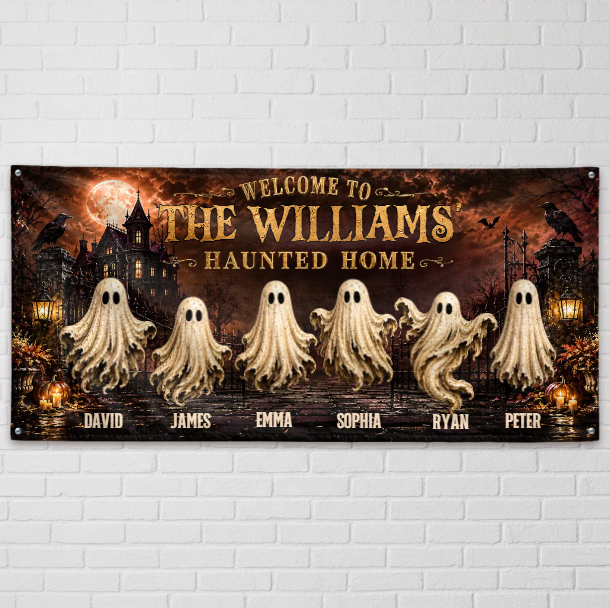 Custom Haunted Home Outdoor Banner - Personalized Halloween Decor Gifts For Mom, Dad, Brother, Sister - Beware Of Our House