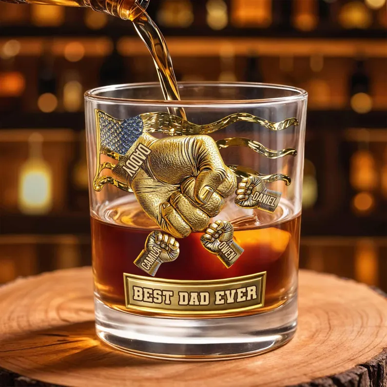 Personalized Best Dad Ever Whiskey Glass 2D Flat, Custom Dad and Kids Fist Bump Bourbon Tumbler, Father's Day Gift from Children