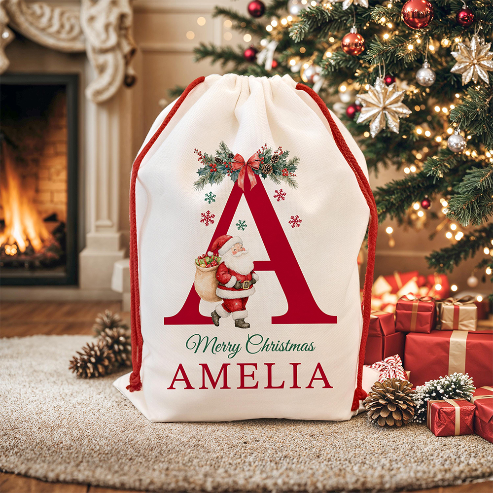 Personalized Monogram Christmas Santa Sack, Custom Canvas Gift Bag, La