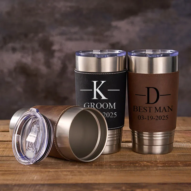 Personalized Wedding Party Tumbler Men’s 20oz Leather Tumbler Custom Groomsmen Gift Tumbler Groom Gift Best Man Bachelor Party Coffee Mugs